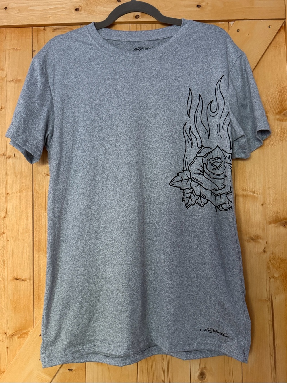 Ed Hardy Men’s Heather Grey Flaming Rose Tattoo Graphic T-Shirt Large L